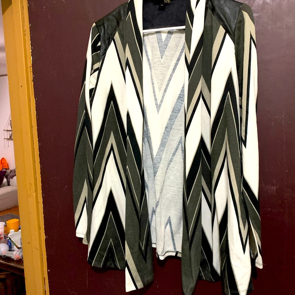 ICE brand Black and white cardigan with pleather accent